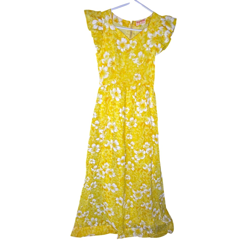 Vintage 70s Yellow Floral Flutter Sleeve Maxi Dress V-Neck Size XS S